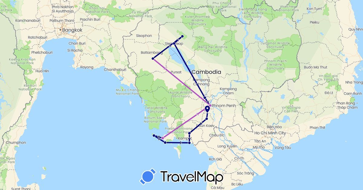 TravelMap itinerary: driving, train in Cambodia (Asia)